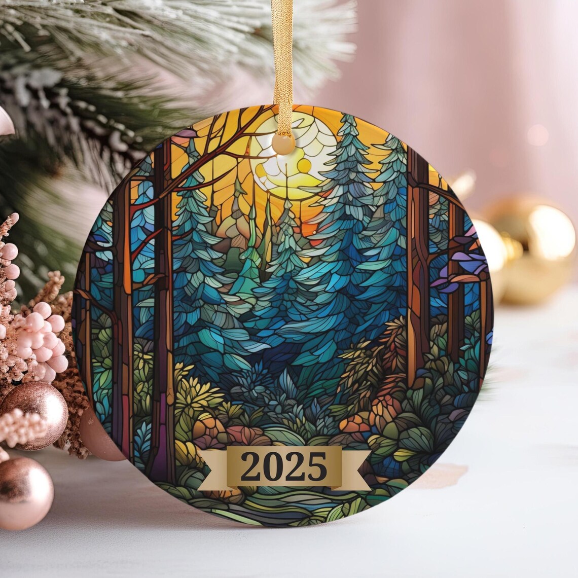 Stained Glass Forest Moonlight 2025 Christmas Ornament Style Holiday Art Poster
