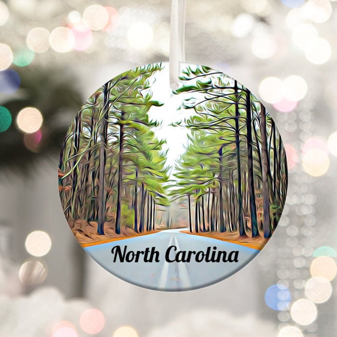 North Carolina Pine Forest Road Scenic Ornament Travel Poster