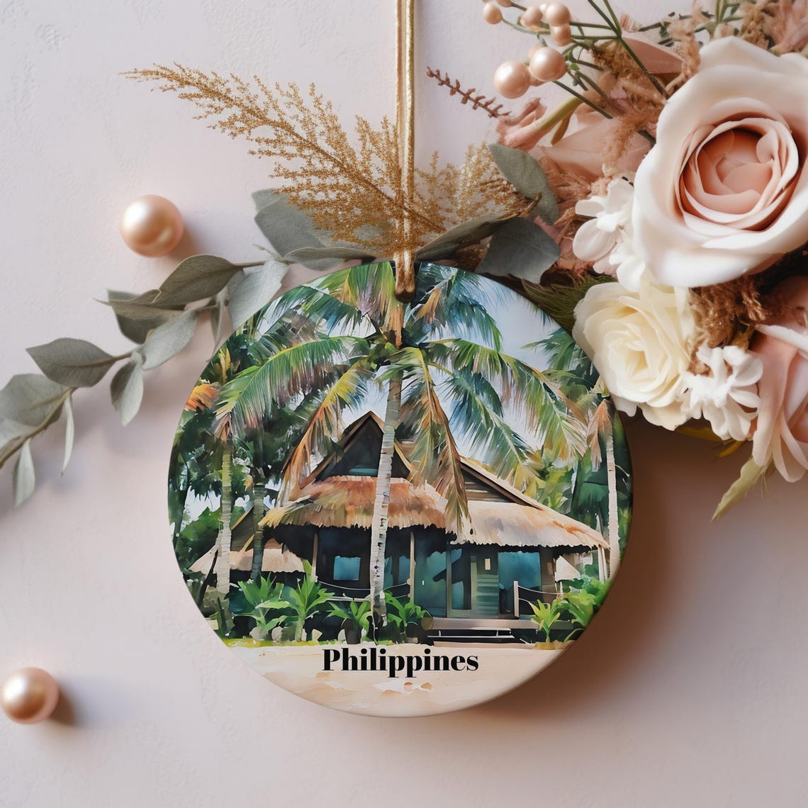 Philippines Tropical Beach Hut Palms Watercolor Holiday Ornament Print