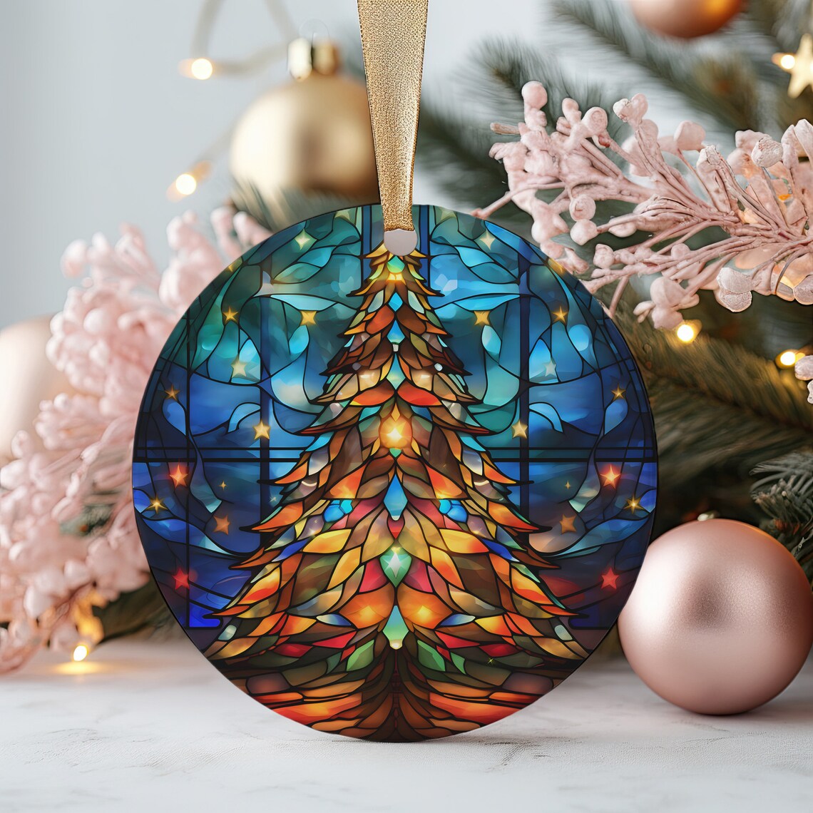 Autumn Stained Glass Christmas Tree Round Ornament Art Print Starry Night