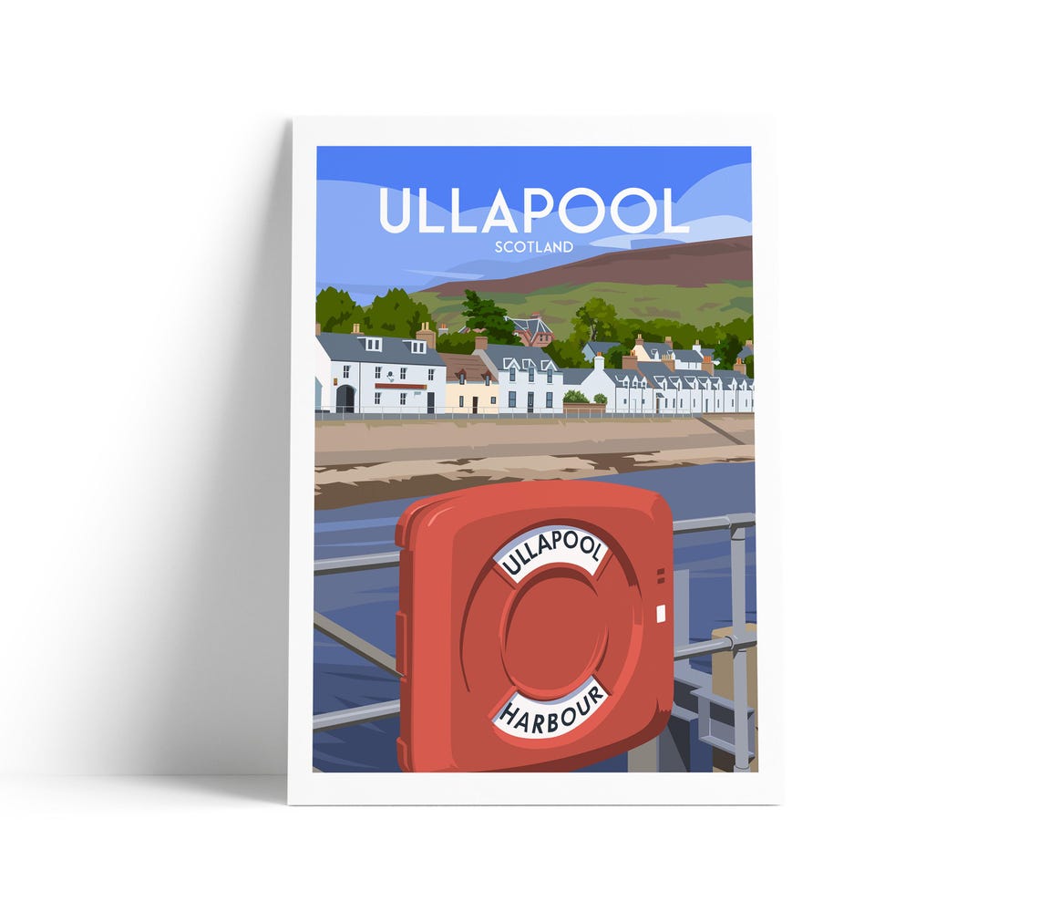 Ullapool Harbour Scotland Waterfront Lifebuoy Retro Travel Poster