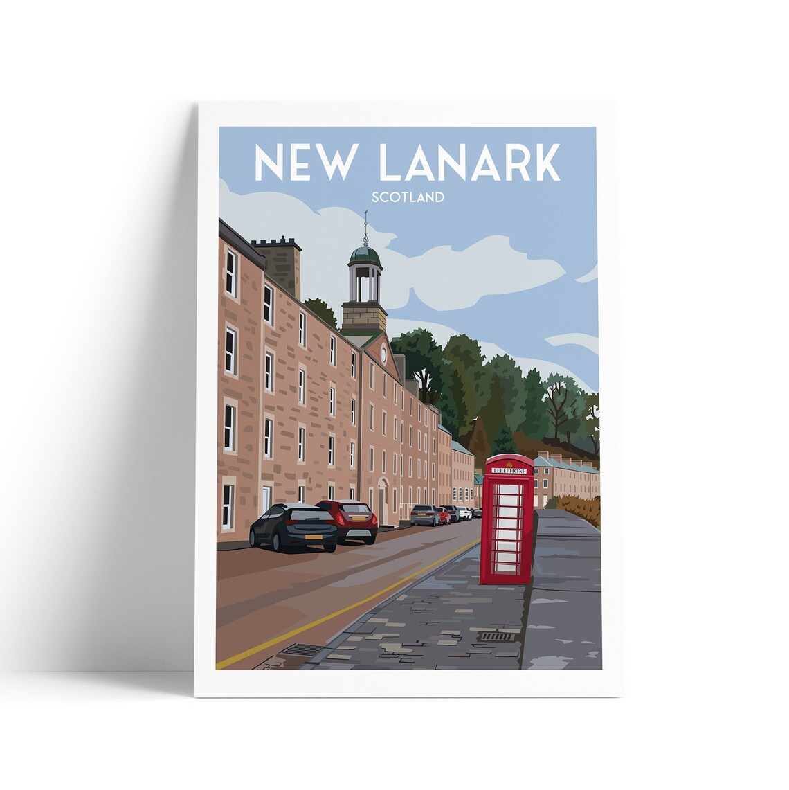 New Lanark Scotland Red Telephone Box Vintage Travel Poster Art
