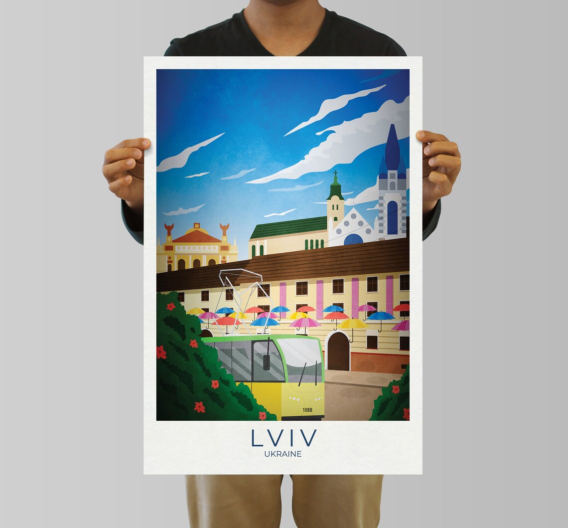 Lviv Ukraine Yellow Tram Colorful City Street Travel Poster Art