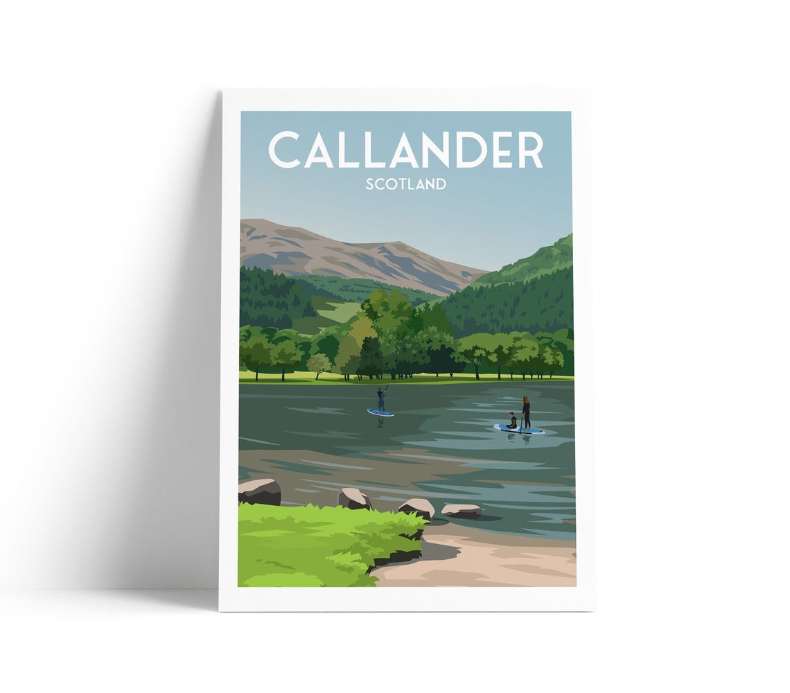 Callander Scotland Paddle Boarding Loch Mountain Travel Poster
