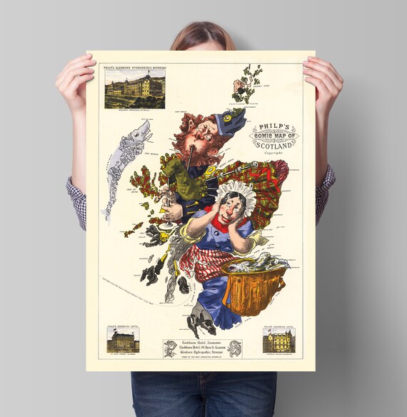 Comical Map Of Scotland Philps Comic Bartholomew Vintage Scottish Print