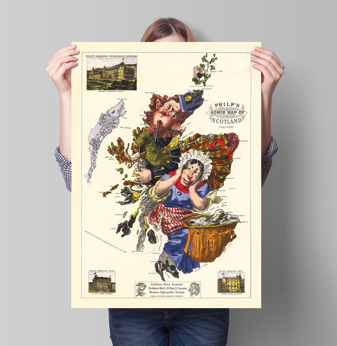 Comical Map Of Scotland Philps Comic Bartholomew Vintage Scottish Print