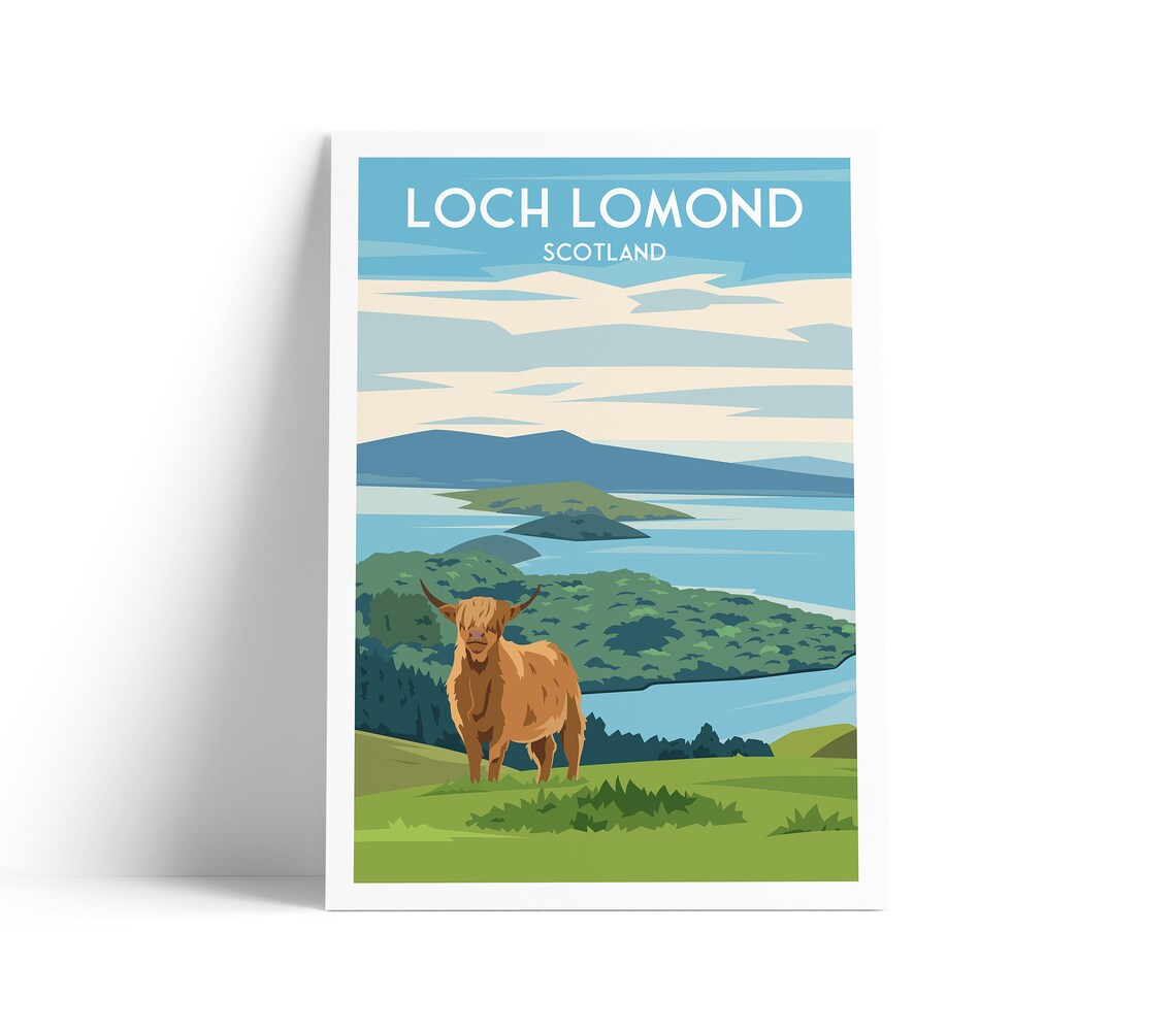 Loch Lomond Scotland Highland Cow on Green Hills Travel Poster