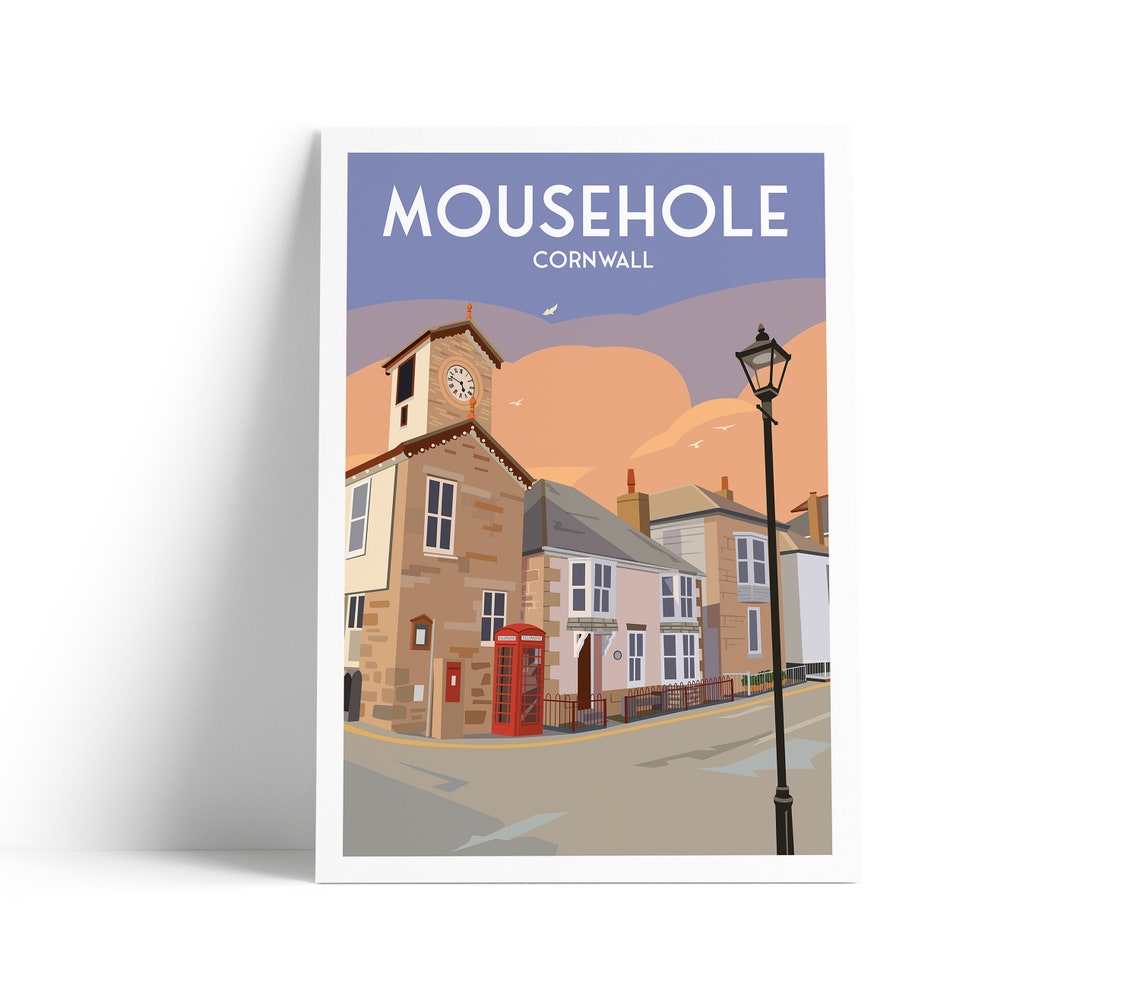 Mousehole Cornwall Stone Village Street Red Phone Box Travel Poster