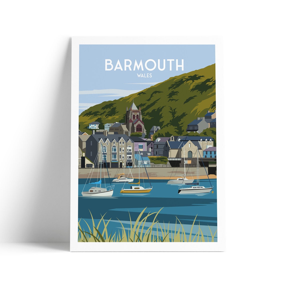 Barmouth Wales Harbor Sailboats Seaside Town Green Hills Travel Poster