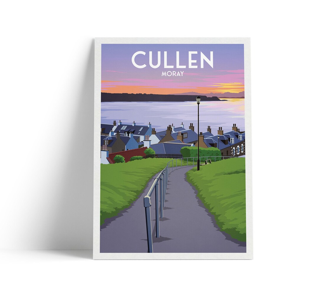 Cullen Moray Scotland Coastal Travel Poster Sunset Sea Village Scene