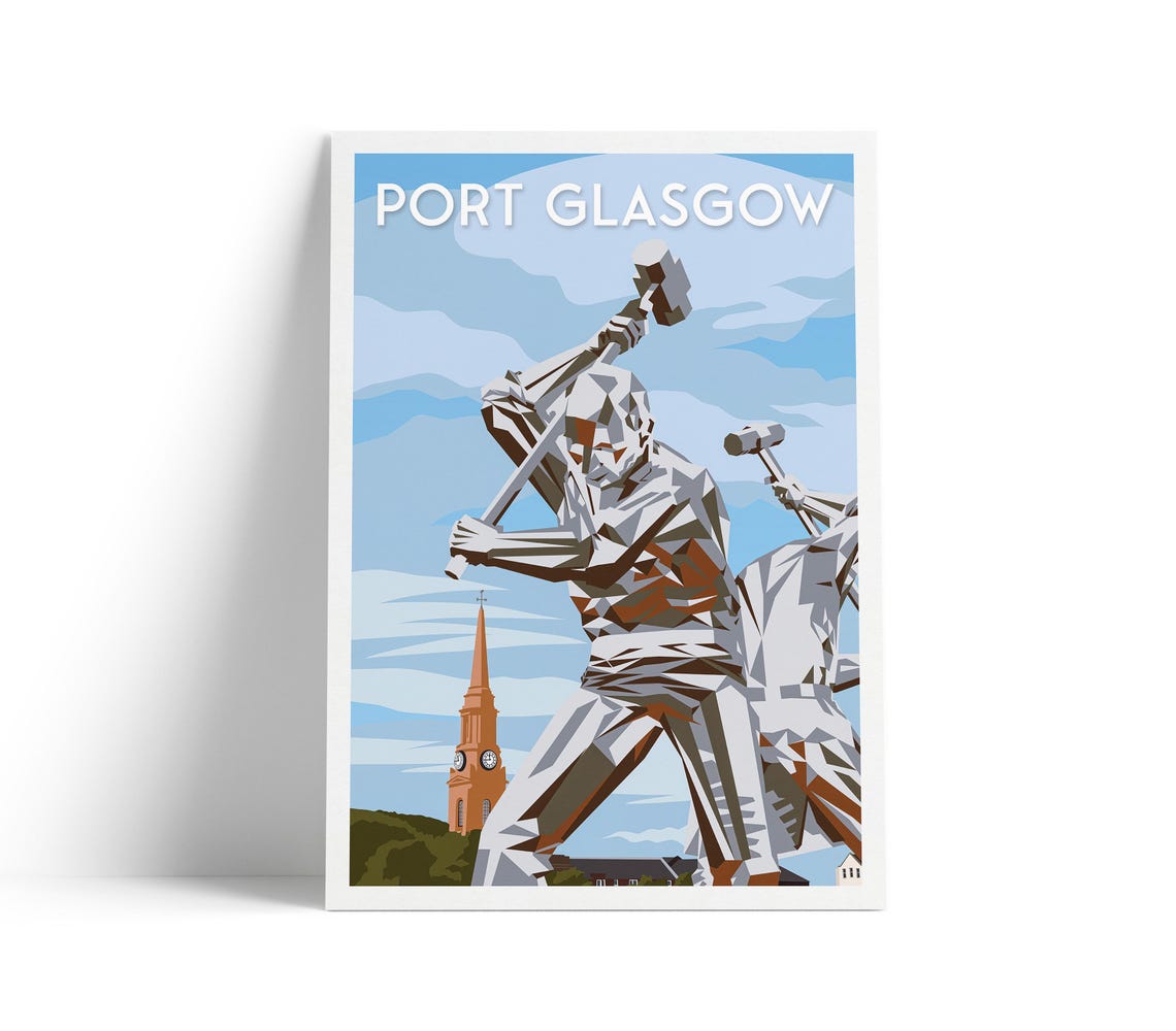 Port Glasgow Scotland Shipbuilders Sculpture Retro Travel Poster