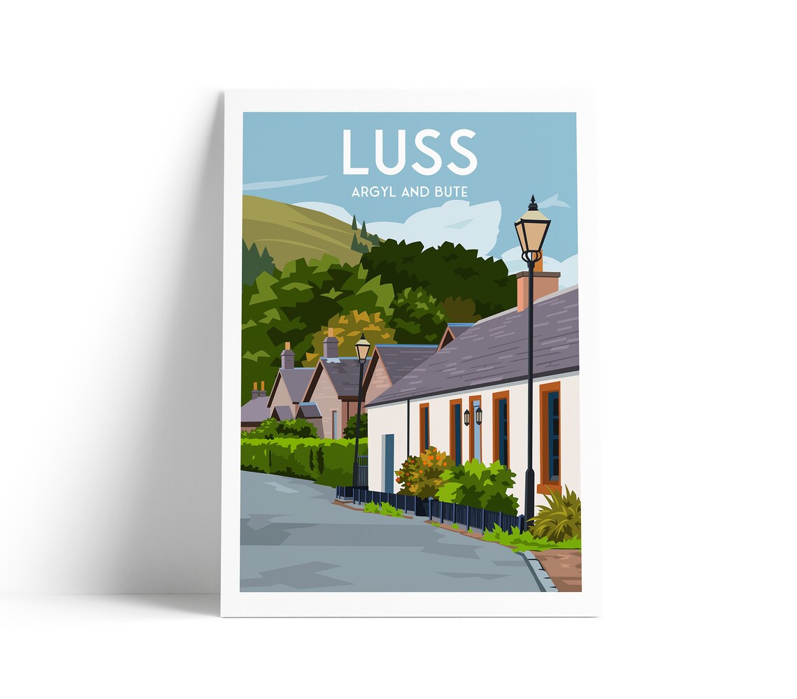 Luss Argyll And Bute Travel Poster Village Street Cottages Scene Art