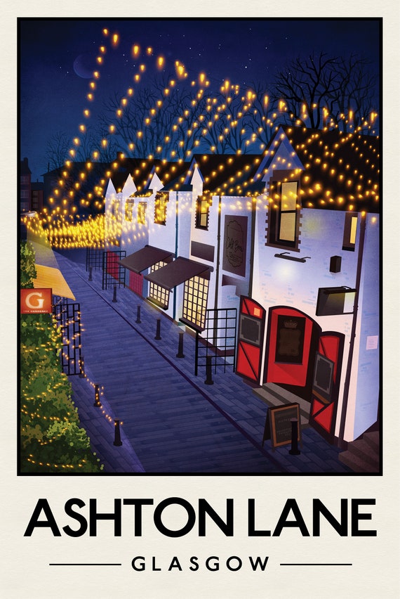 Ashton Lane Poster, Glasgow West End Travel Poster