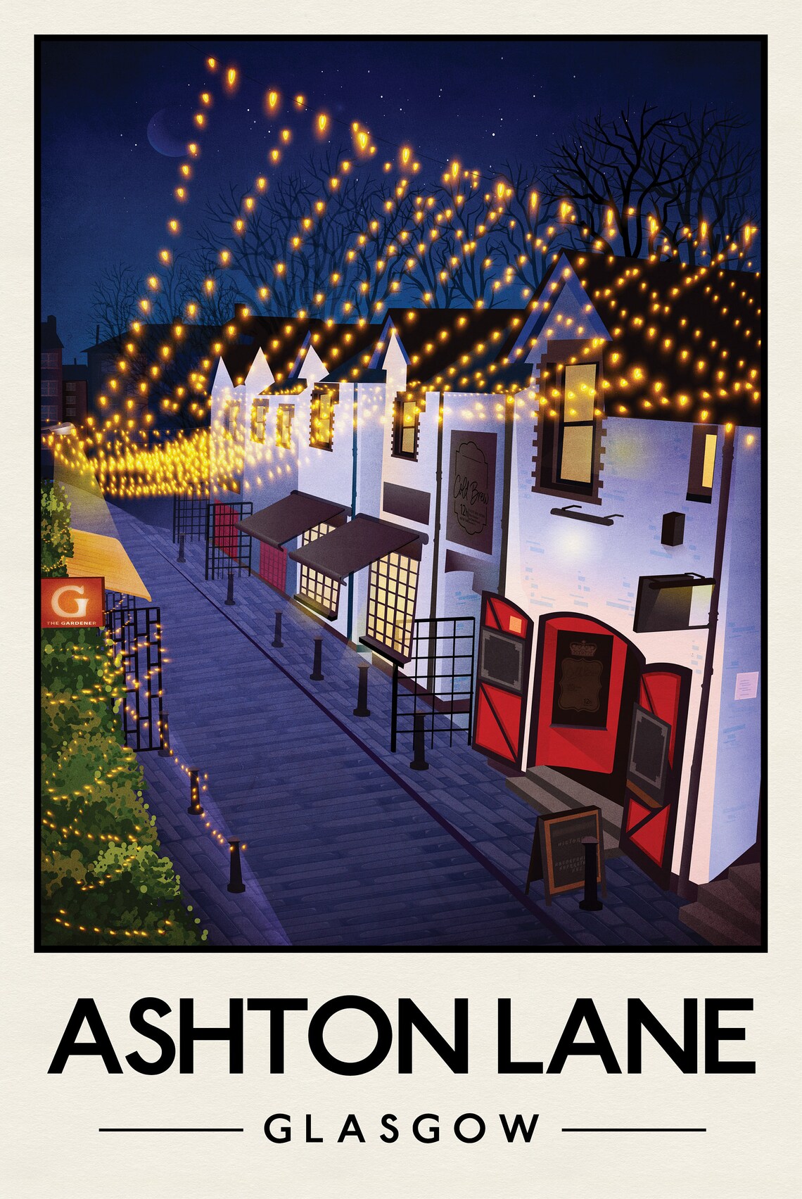 Ashton Lane Poster, Glasgow West End Travel Poster