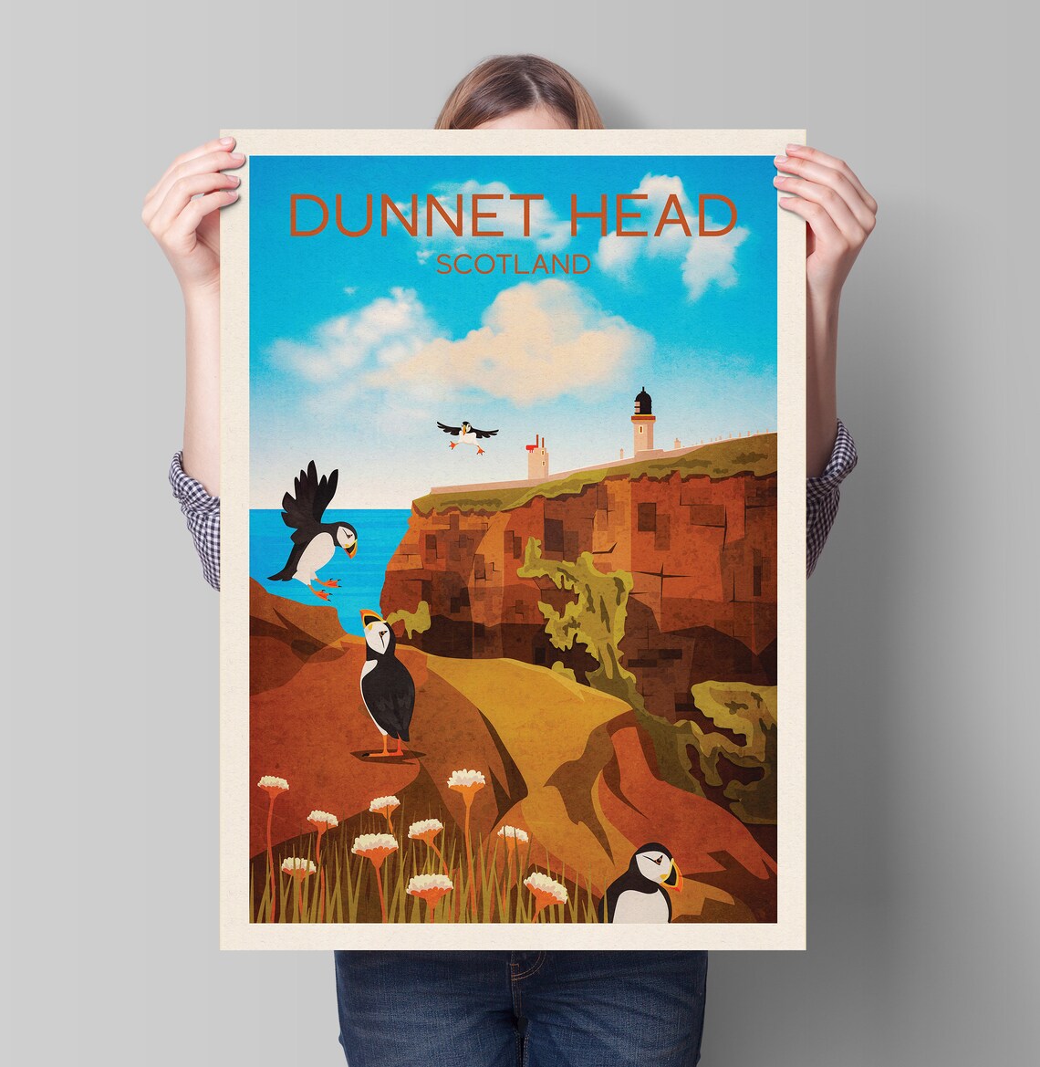Dunnet Travel Poster, Puffin and Lighthouse Print