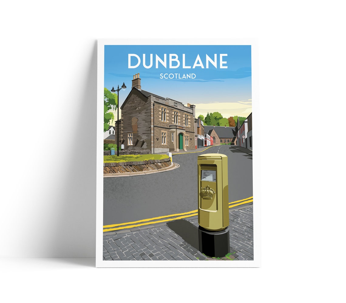 Dunblane Scotland Gold Post Box Street Scene Retro Travel Poster