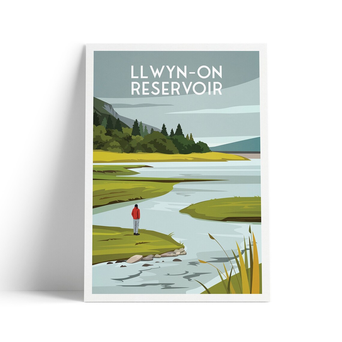 Llwynon Reservoir Wales Travel Poster Hiker Lakeside Mountain View Art