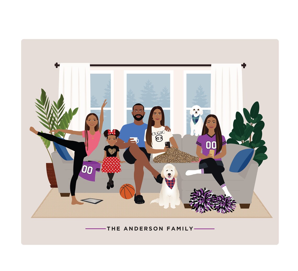 Personalized Family Portrait Illustration, People And Pets - Image 4
