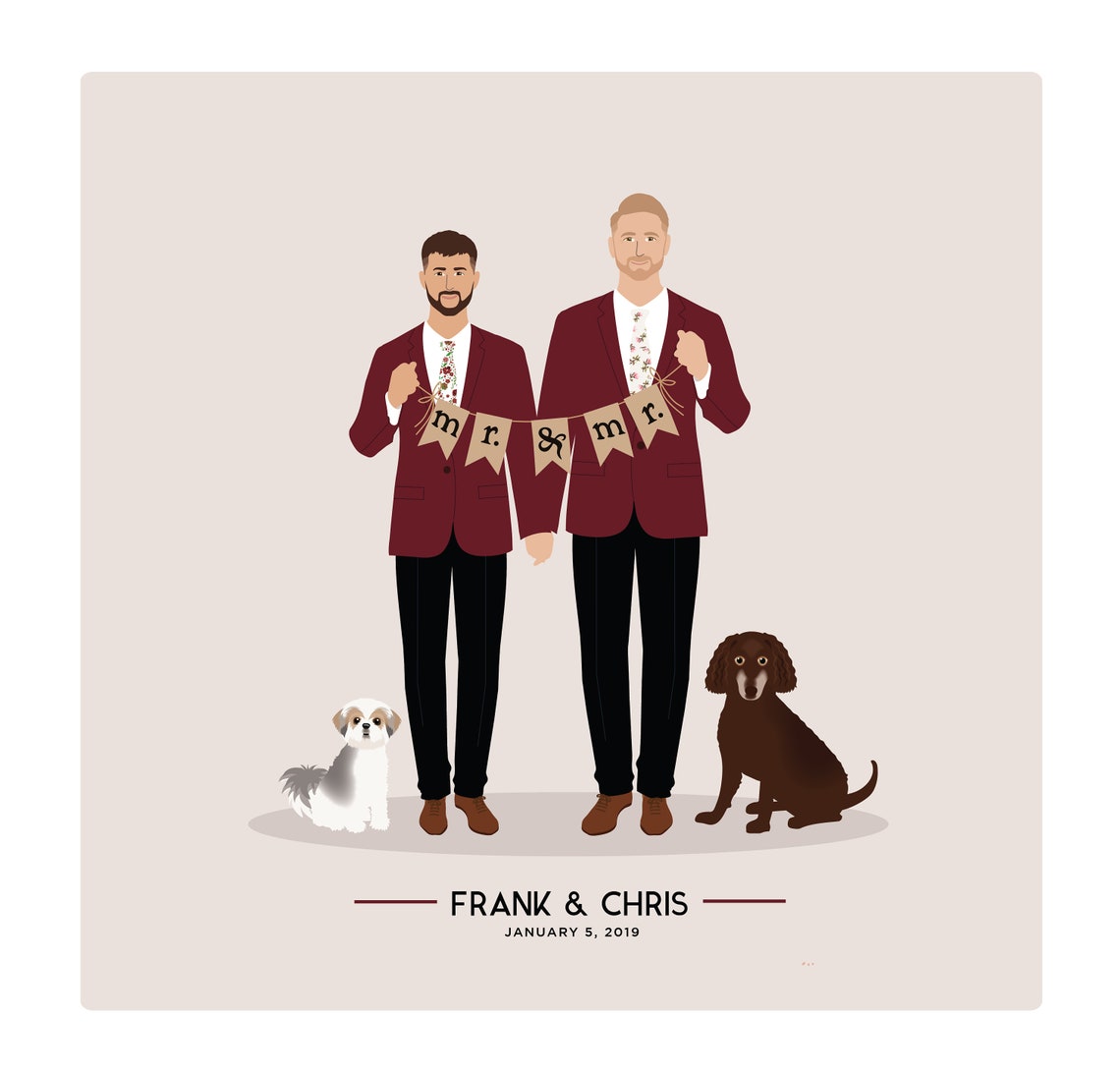 Modern Same Sex Wedding Couple Portrait With Two Dogs Poster