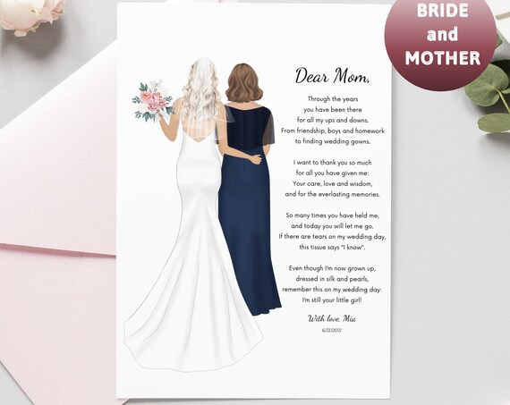Dear Mom Wedding Poem Card Bride And Mother Navy Dress Print