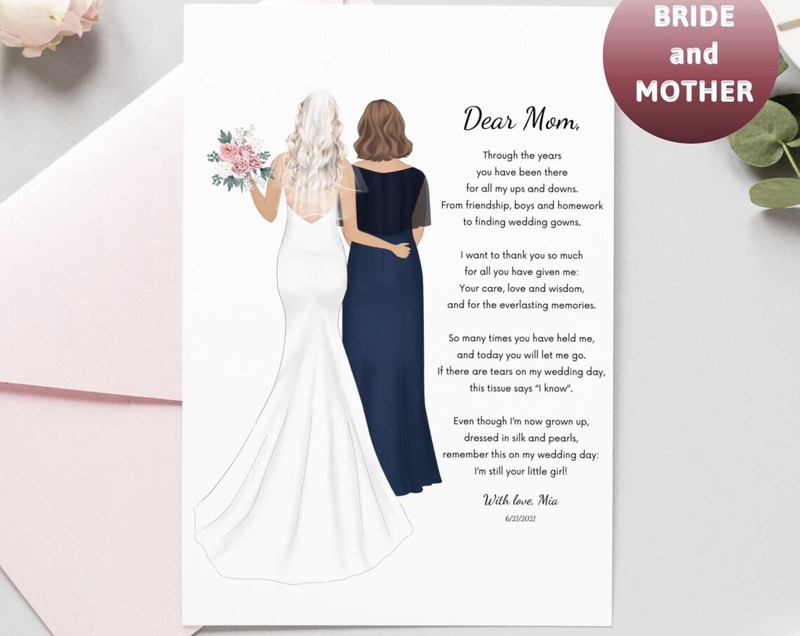Dear Mom Wedding Poem Card Bride And Mother Navy Dress Print