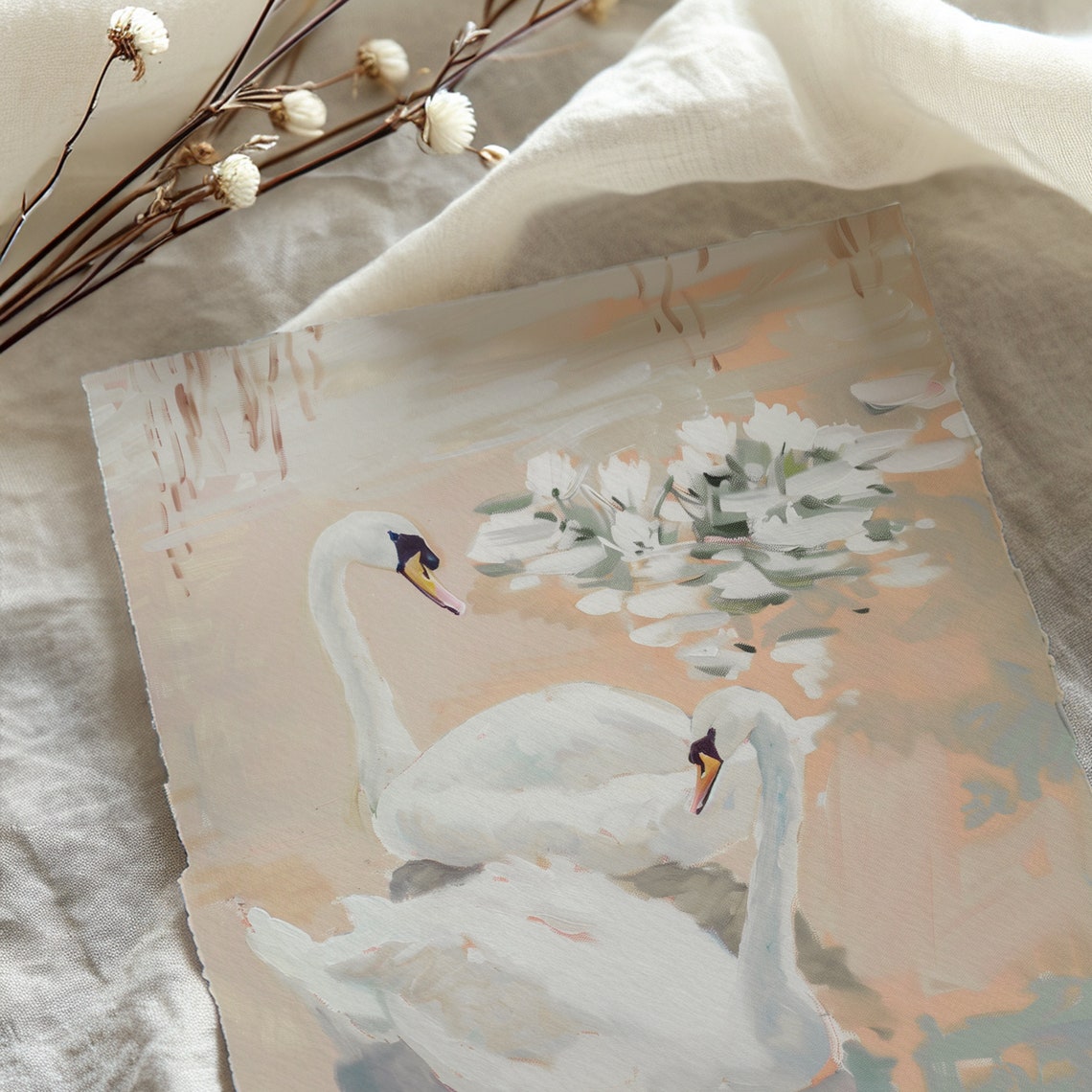 Pair of White Swans Water Lilies Soft Pastel Painting Poster - Image 4