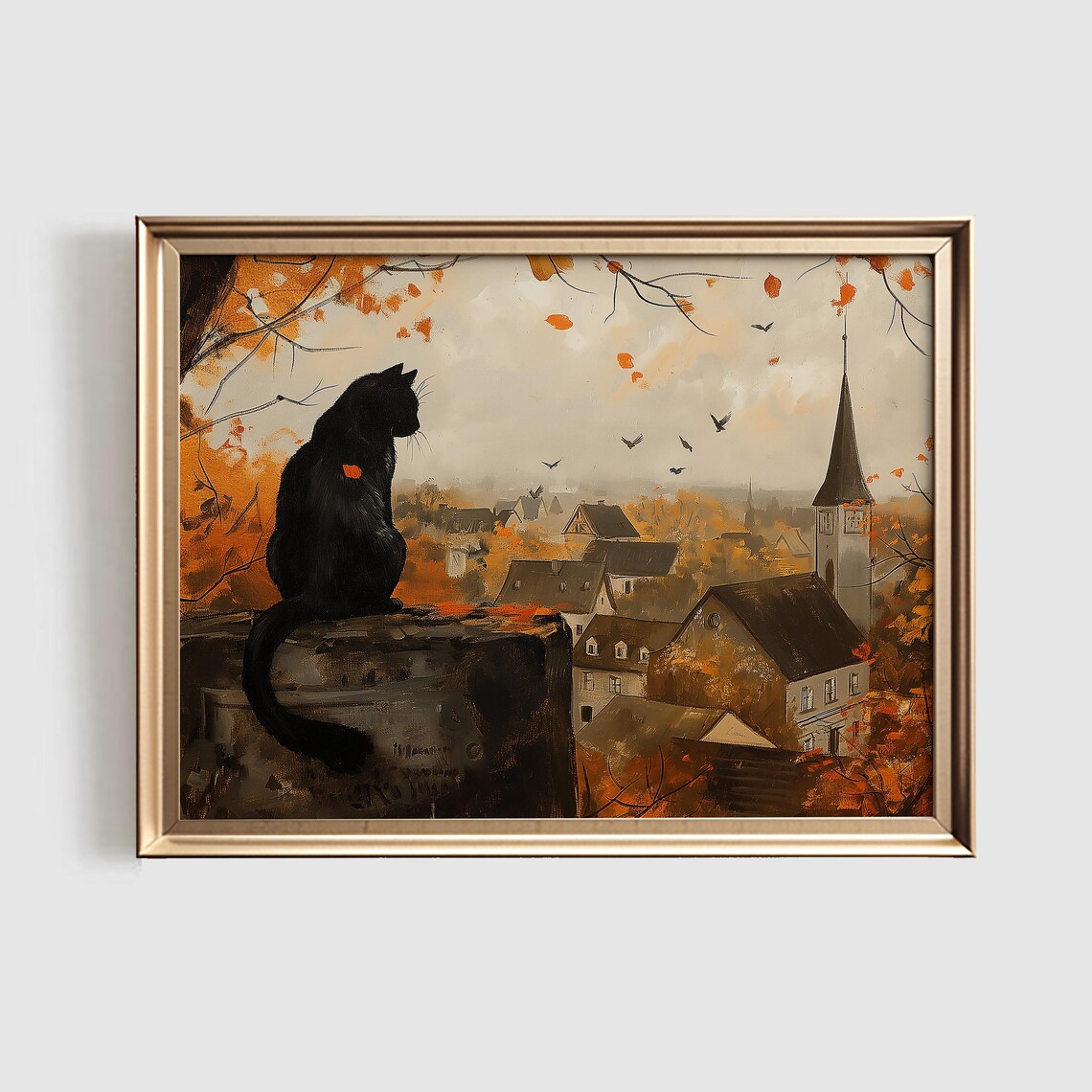 Black Cat Over Autumn Town, Cute Spooky Halloween Art Print