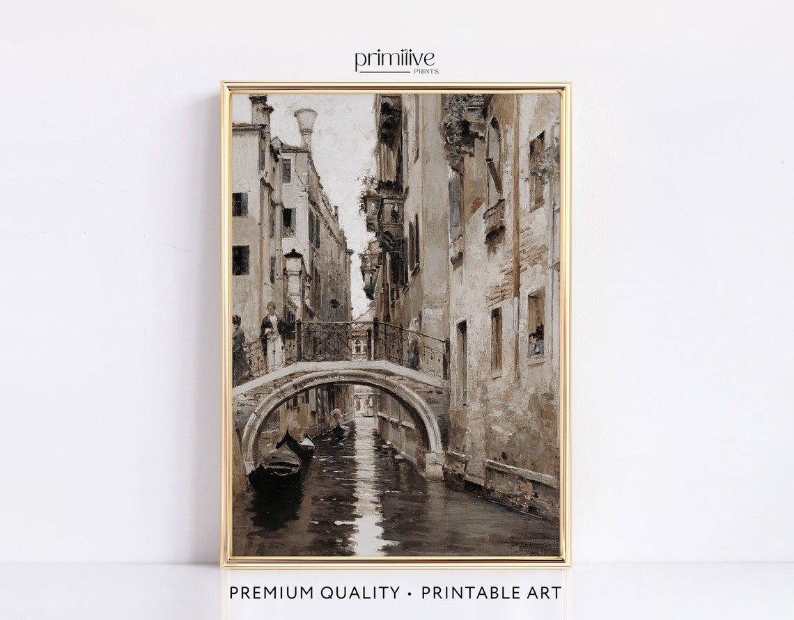 Old Venice Narrow Canal Stone Bridge Sepia Oil Painting Poster