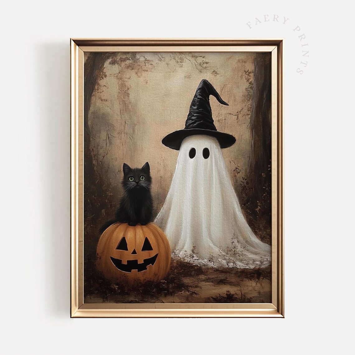 Black Cat Halloween Pumpkin Witch Hat Art Print
