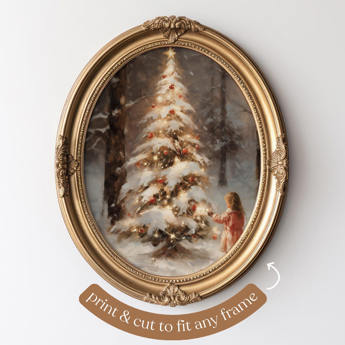 Snowy Christmas Tree Little Girl Vintage Style Holiday Poster - Image 4
