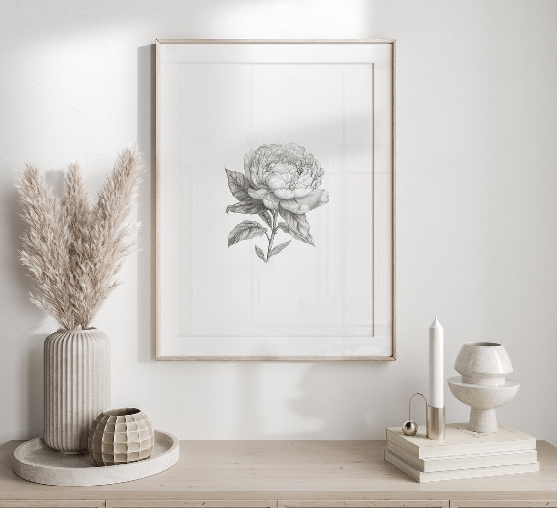 Peony Flower Sketch Art Print, Monochromatic Floral - Image 3