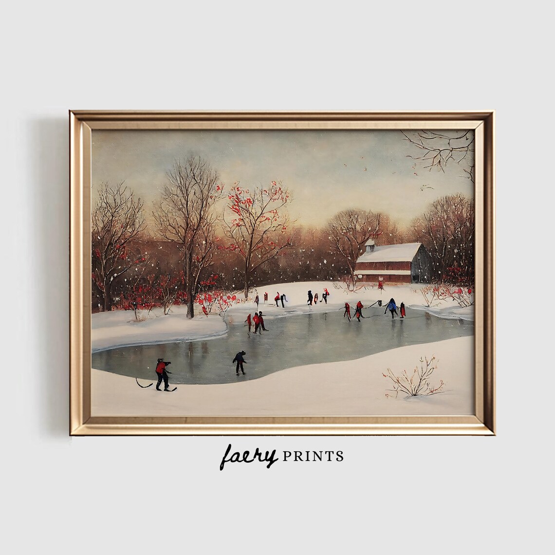 Winter Ice Skating Landscape Art Print, Seasonal Decor