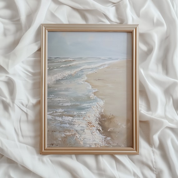 Soft Neutral Ocean Waves Sandy Beach Coastal Painting Poster