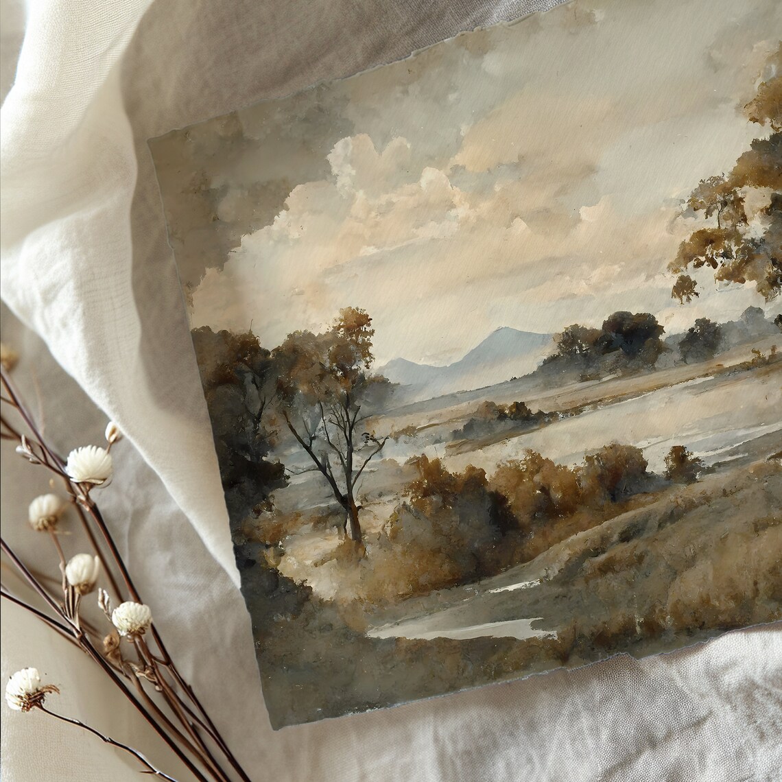 Vintage Rustic Landscape Art Print, Neutral Autumn Scene - Image 3