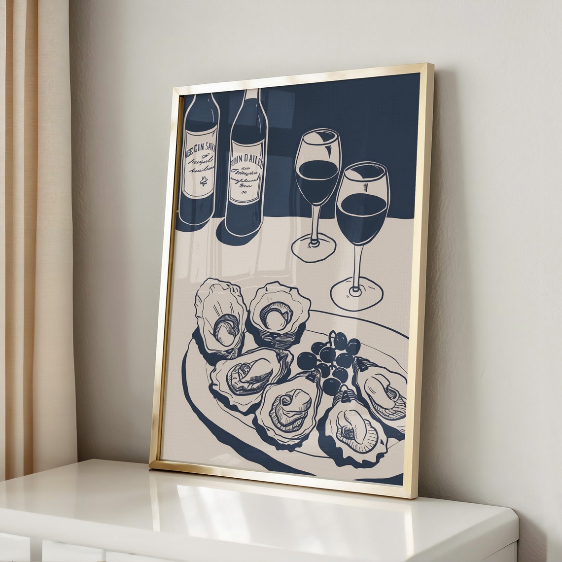 Navy Line Art Oysters and Red Wine Glasses Kitchen Chic Poster - Image 3