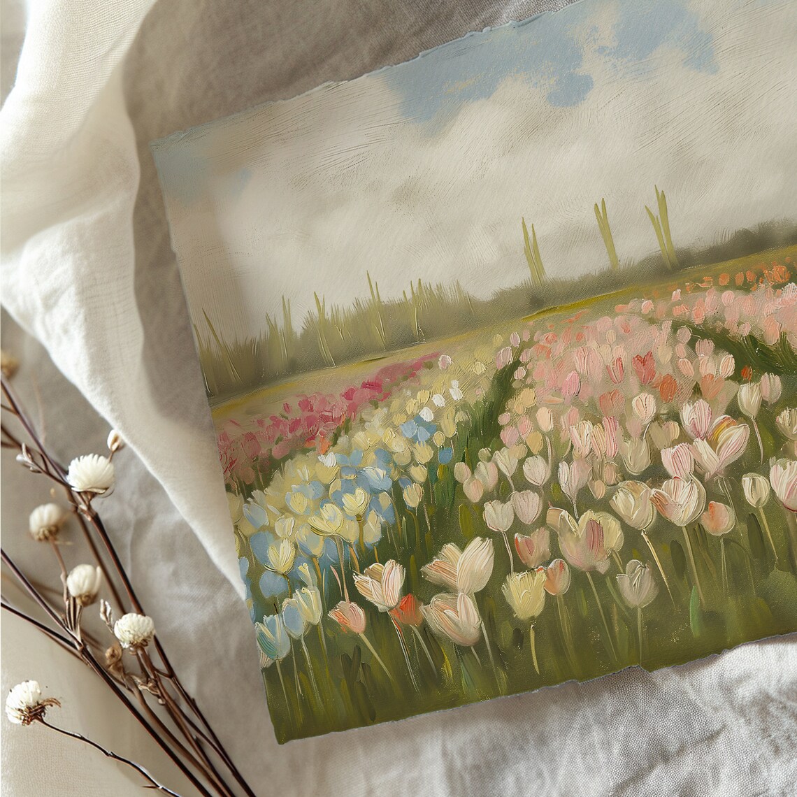 Tulip Field Spring Art Print, Pastel Meadow Landscape - Image 4