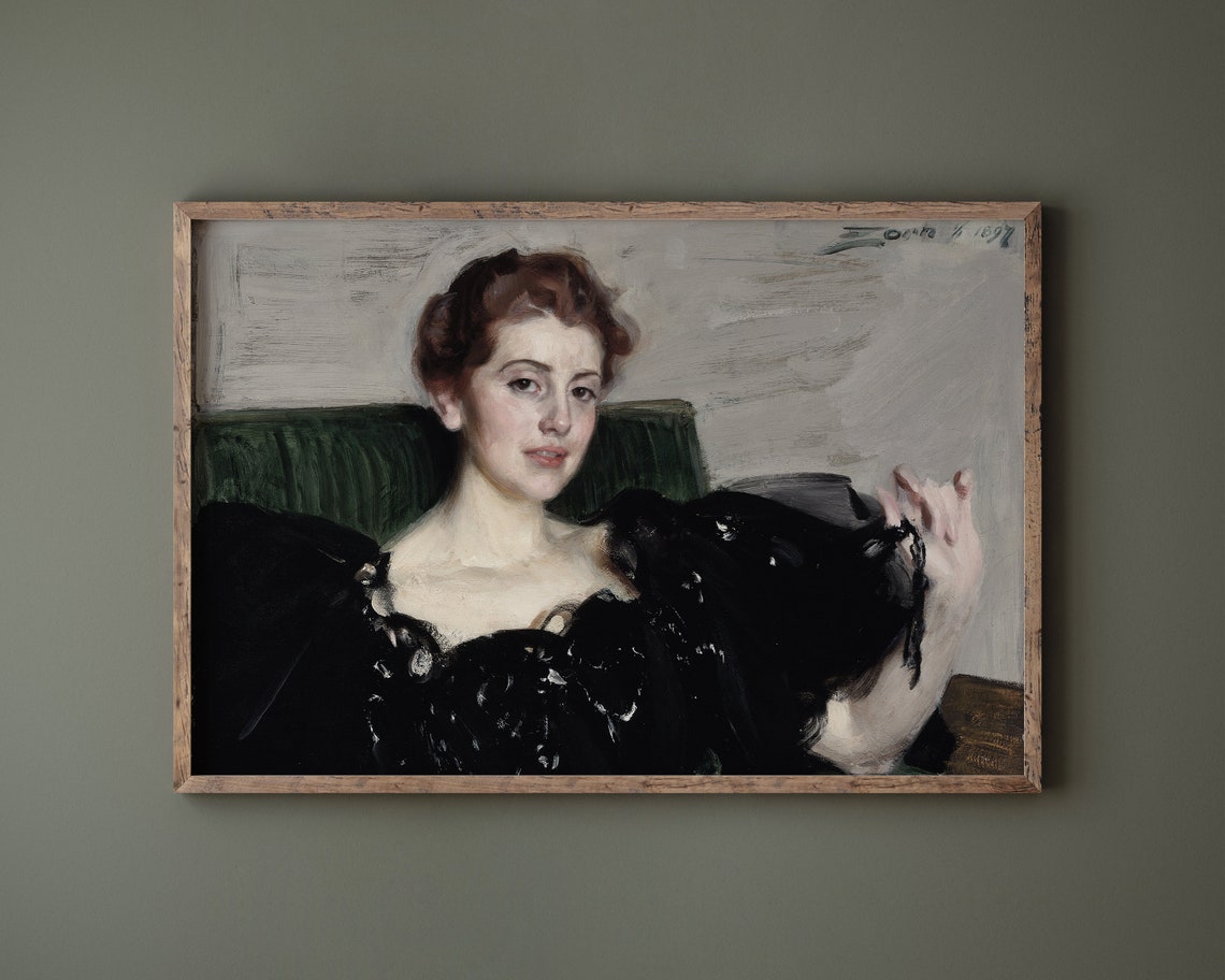 Lady in Black Evening Gown Vintage Portrait Oil Painting Poster - Image 4