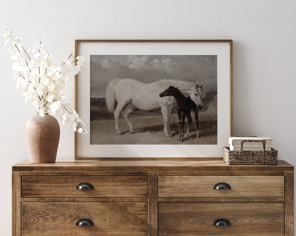 White Mare Dark Foal Equestrian Sepia Painting Animal Poster - Image 4