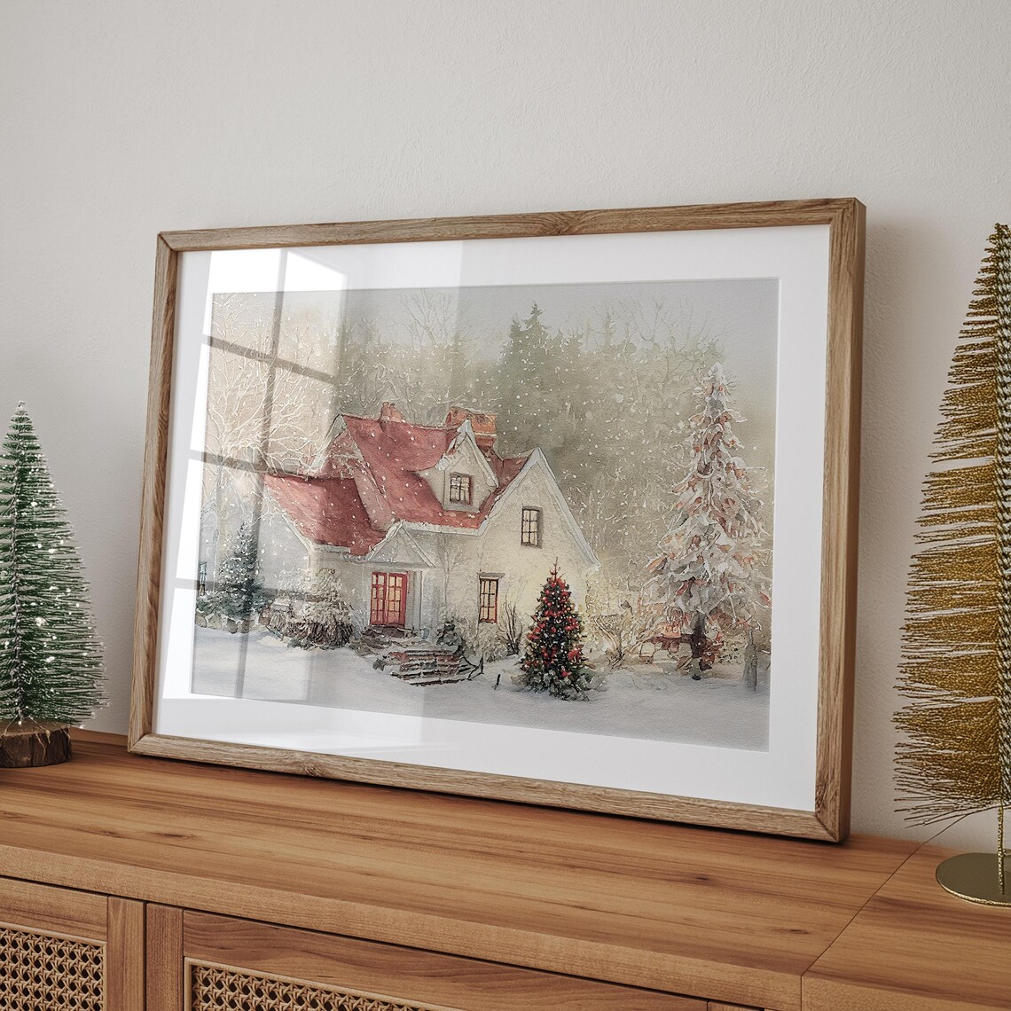 Winter Watercolor Christmas House Art Print - Image 4