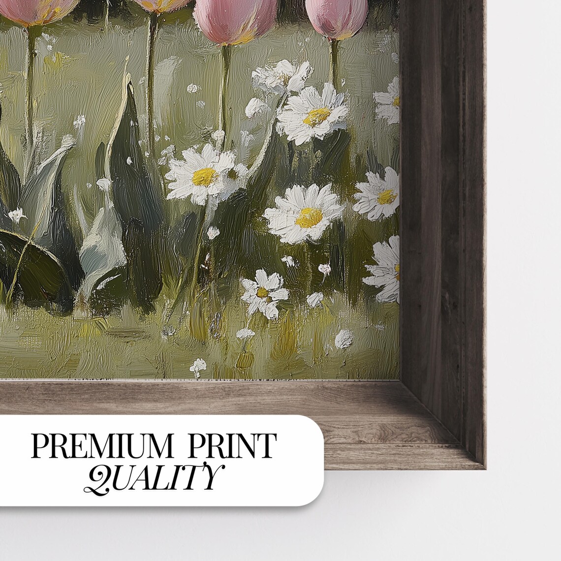 Row of Pink Tulips With White Daisies in Sunny Meadow Art Poster - Image 2