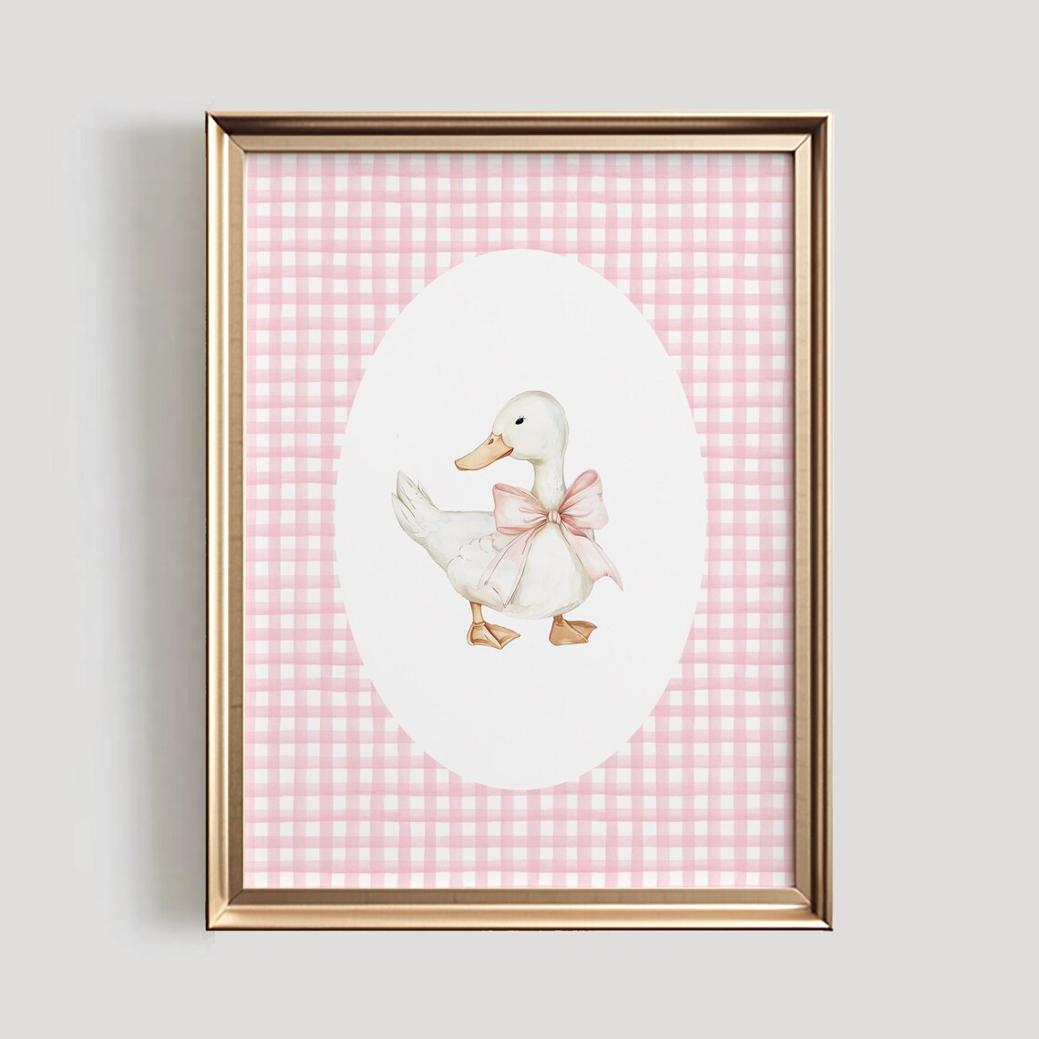 Duck Nursery Print, Gingham Pink Cottagecore Decor