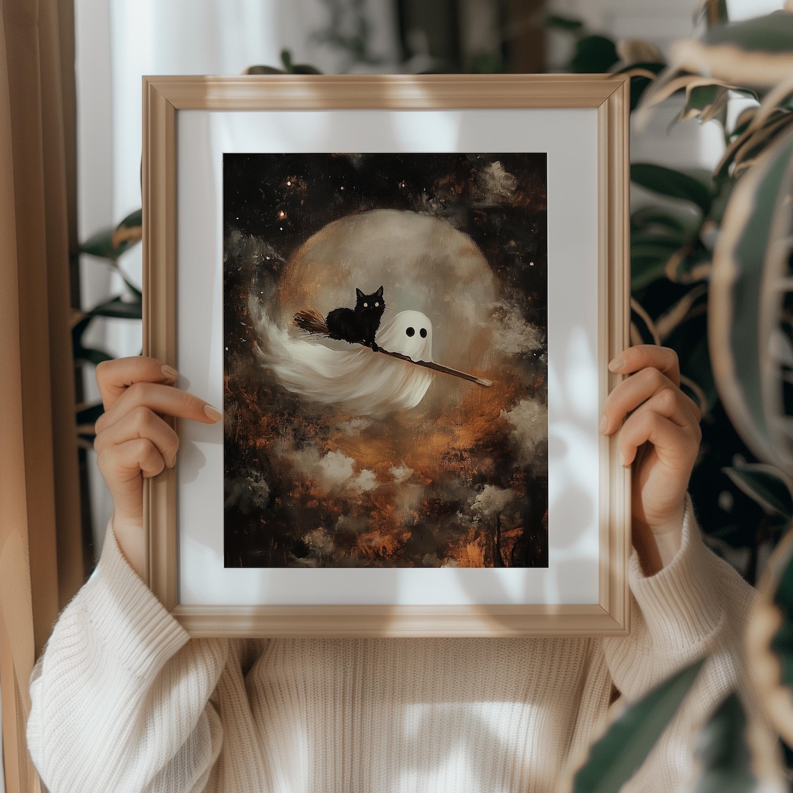 Ghost And Black Cat Halloween Cute Spooky Decor Art Print - Image 2
