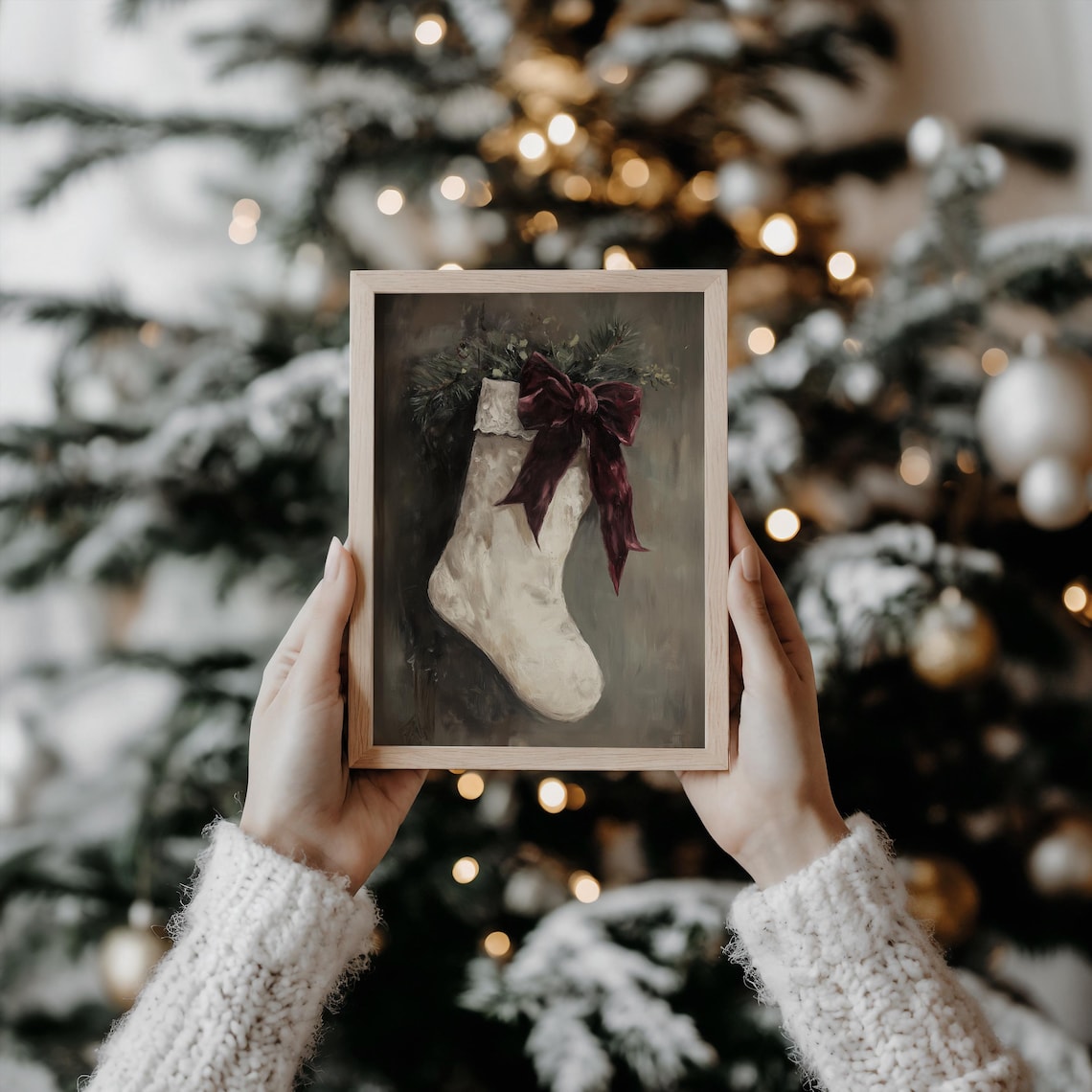 Vintage Christmas Stocking Art Print, Rustic Holiday Decor - Image 2
