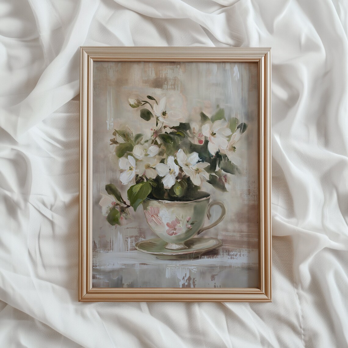 Teacup Flower Painting, Light Academia Art Print