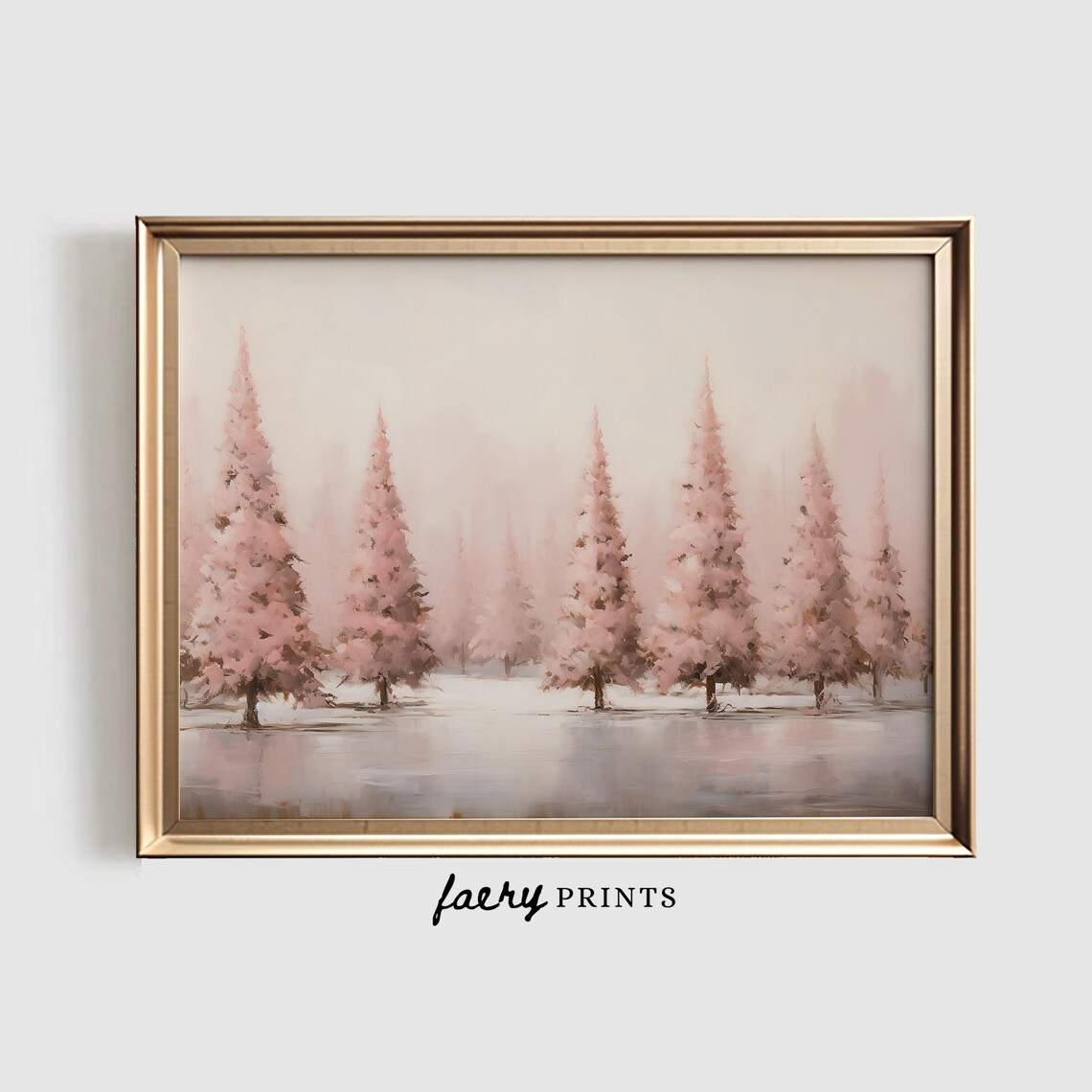 Pink Winter Landscape Art Print, Pastel Seasonal Decor