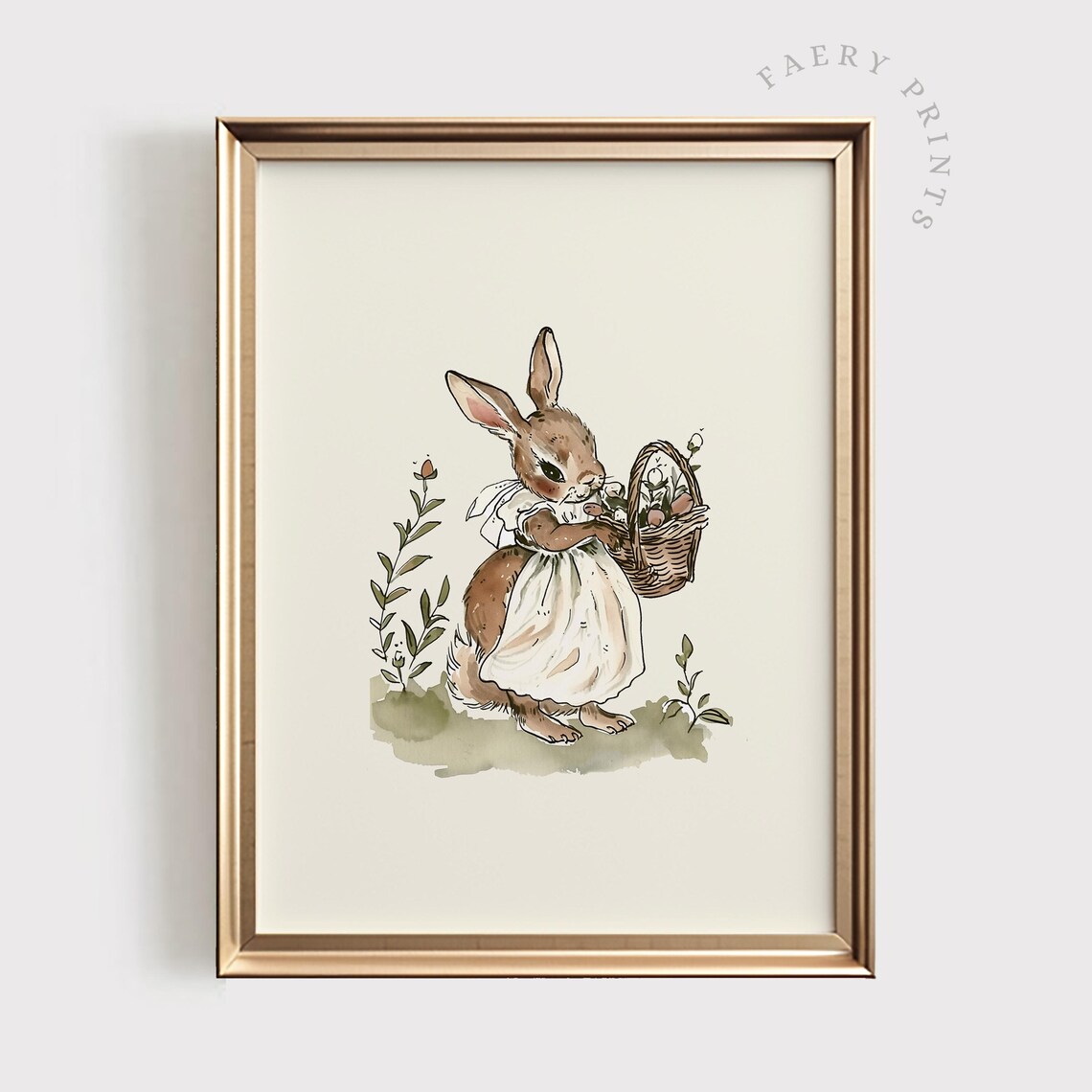 Rabbit Illustration Print, Vintage Cottagecore Nursery