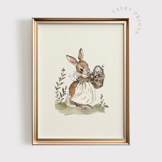 Rabbit Illustration Print, Vintage Cottagecore Nursery