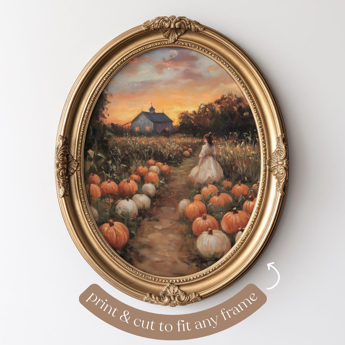 Girl in White Dress Walking Pumpkin Patch at Sunset Farm Poster - Image 3