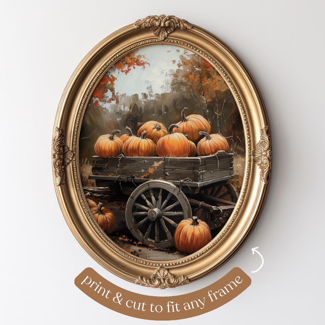 Wooden Wagon Loaded with Pumpkins in Autumn Forest Harvest Art Poster - Image 5
