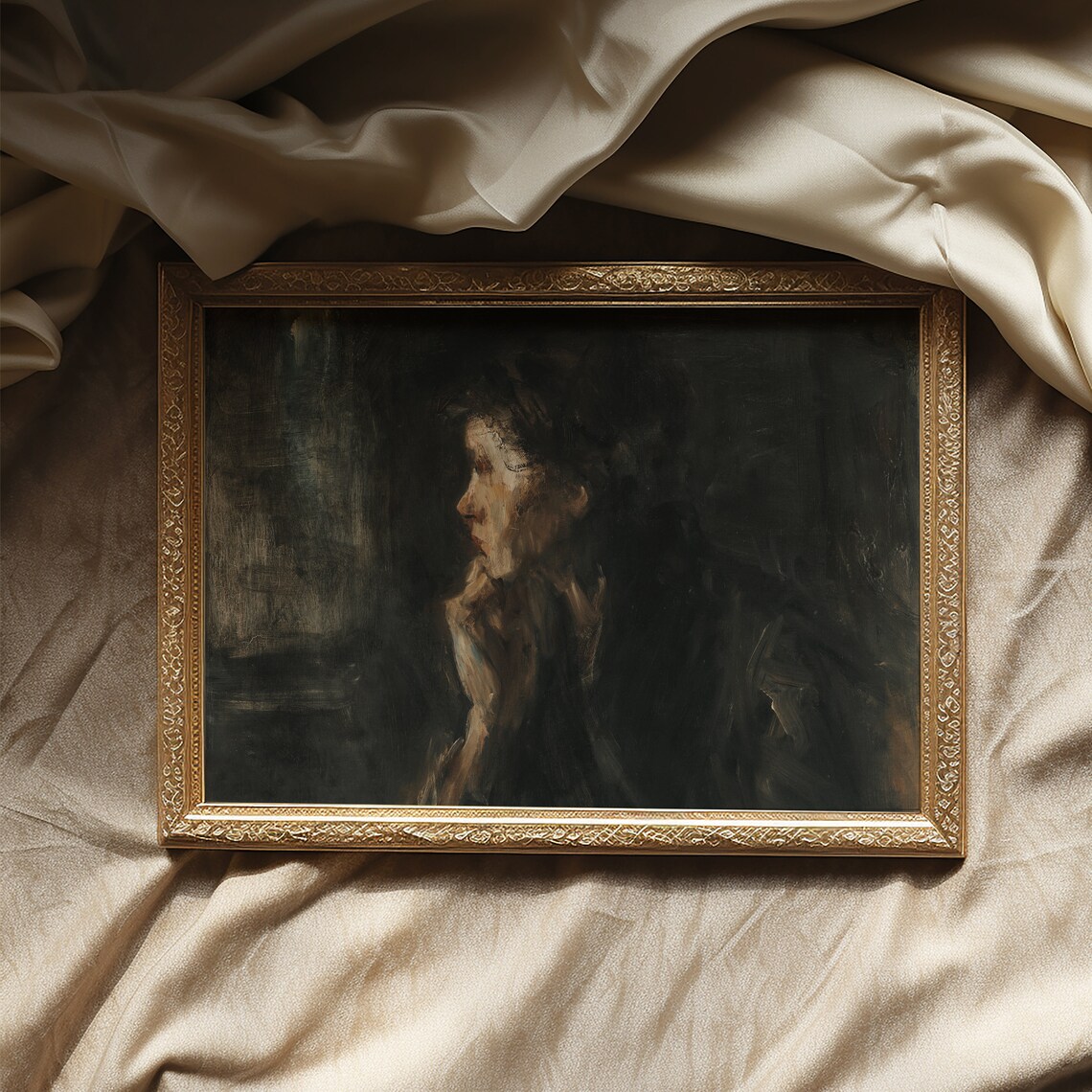 Woman in Dark Profile Moody Shadowy Portrait Oil Painting Poster - Image 5